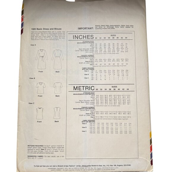 Vtg 70s Stretch & Sew Sew Pattern1505 Dress Blouse/ 700 Pants Shorts Bust UNCUT - Picture 7 of 16